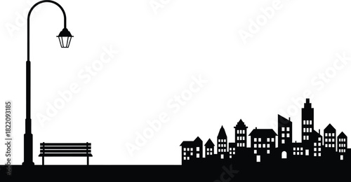 Street furniture and a building facade street scene with small town, shop or city skyline silhouette. Outdoor park with a bus stop area. Storefront main street vector illustration 