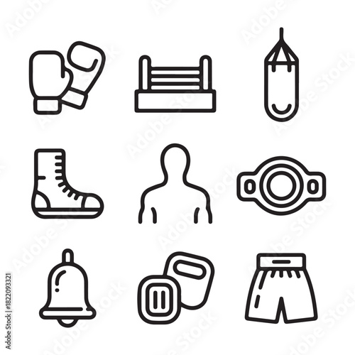 Boxing Equipment Icons Set Outline gloves ring