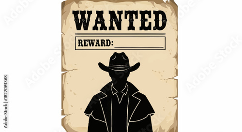 Rustic old west bounty poster illustration depicting a mysterious cowboy silhouette, evoking a sense of frontier justice and historical adventure for design projects