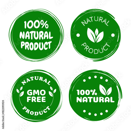 Natural Product Badge Icon Set – 100% Natural and GMO Free Labels for Organic Packaging