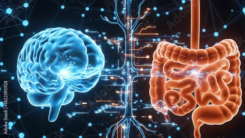 Conceptual medical illustration depicting the complex neural connection between the human brain and the digestive system gut