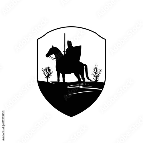 Knight on horse silhouette within shield heraldic emblem for design
