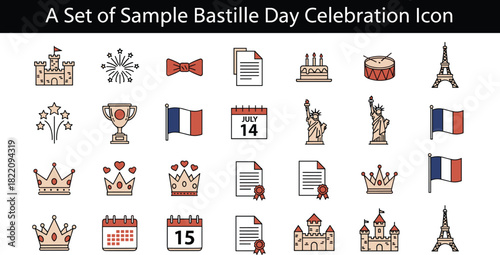 Bastille Day celebration icons, French national holiday symbols, Eiffel Tower, fireworks, July 14 calendar, patriotic elements, festive vector set