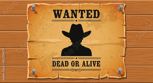 Classic Western-style 'Wanted Dead or Alive' poster featuring a mysterious cowboy silhouette, prominently displayed on a textured wooden background, evoking frontier justice and outlaw legends