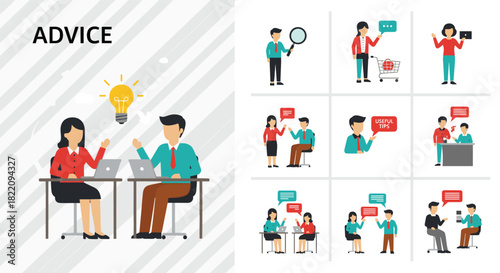 Advice illustration set, people sharing tips, communication icons, useful suggestions, teamwork scenes, consulting moments, idea exchange, vector graphics