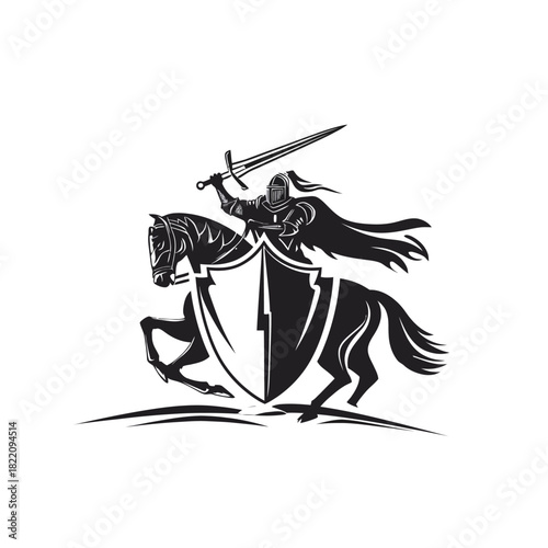 Knight on horseback brandishing sword with shield vector illustration