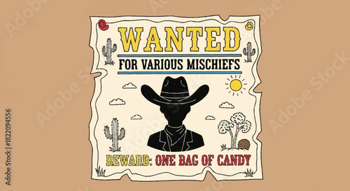 A whimsical wild west adventure poster, seeking mischievous characters for a sweet bounty, featuring a silhouette cowboy and desert charm