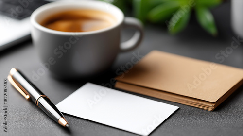 Cup of coffee next to blank stationery, pen and notebook on desk in warm natural light, evoking productivity, creativity and a peaceful work atmosphere.