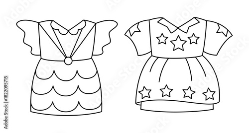 Vector linear baby dresses in cartoon fashion style isolated on white. Outline coloring page for girly book or educational, fashion materials