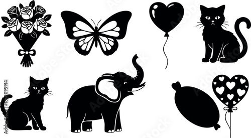 Black silhouette collection of flowers butterfly balloons cats and elephant vector illustration