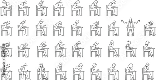 Study posture illustration set, student activities, reading, writing, thinking, presenting, academic workflow, desk scenes, learning vector graphics