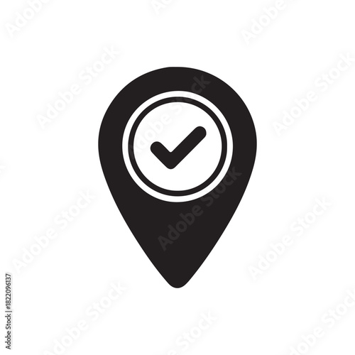 Map location pin with a check mark confirmed minimal icon on white back ground