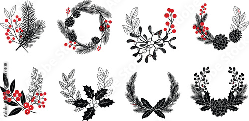 Christmas botanical wreath collection featuring pine branches, holly berries, mistletoe sprigs, winter foliage, festive holiday floral arrangements