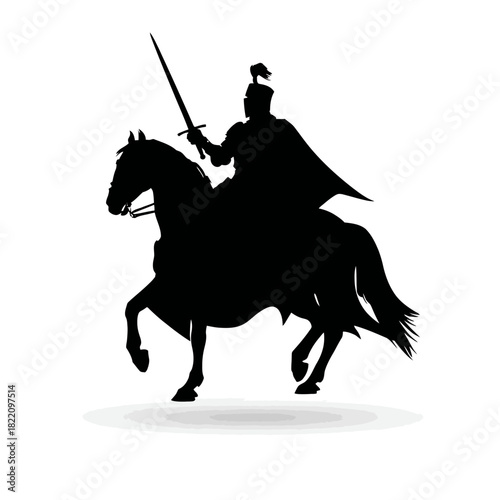 Knight silhouette on horse with sword vector illustration for design