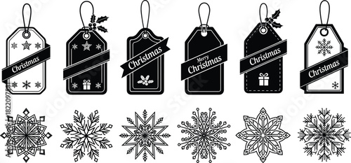 Elegant Christmas gift tag set with decorative snowflakes, holiday labels, and festive designs perfect for seasonal crafts and packaging