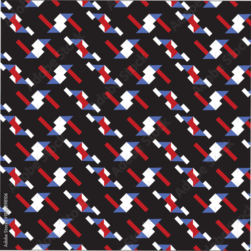 Vibrant geometric abstract patterns featuring colorful angular shapes, repeating tessellated motifs, dynamic diagonal forms, and contrasting palettes across three unique modern design variation