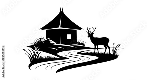Vector illustration of an ancient castle on the hill with a deer silhouette, forest, and moonlit winter sky