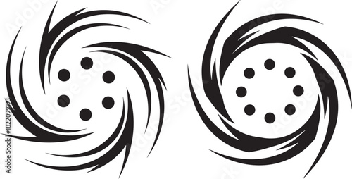 Two abstract swirling vortex designs with dots silhouette