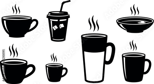 Black and white vector illustration of seven steaming hot coffee cups and takeaway cup in various shapes and sizes