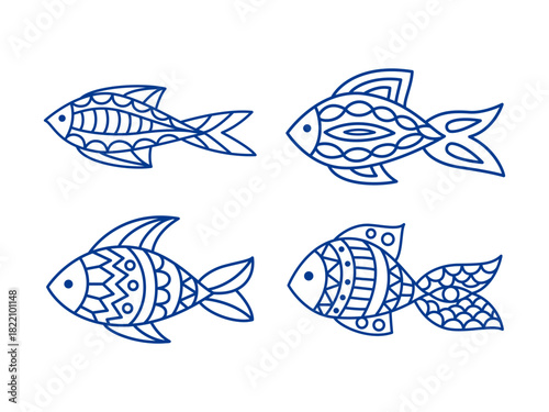 Vector linear fishes collection isolated on white. Coloring page for kids