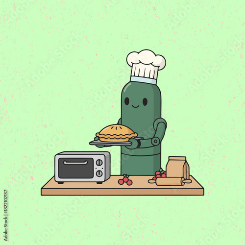 Happy Robot Cooking Something Delicious – Playful Flat Vector Character Great for Kids, Food Art, and Digital Graphics