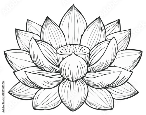 Detailed Line Drawing of a Blooming Lotus Flower