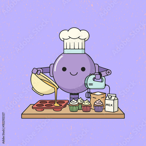 Cute Cartoon Robot Cooking a Delicious Meal – Adorable Flat Vector Illustration for Kids, Food Themes, and Creative Digital Designs