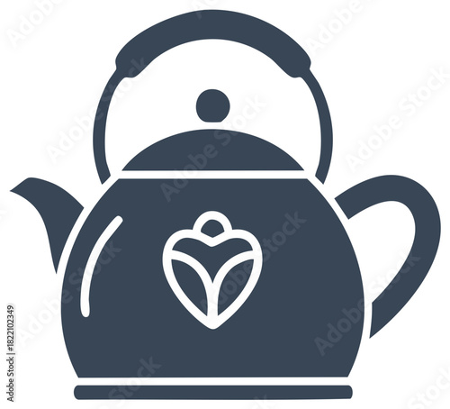 Minimalist dark blue tea kettle with a decorative white heart symbol a simple flat graphic illustration