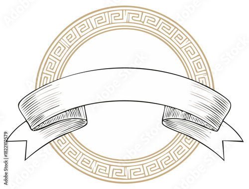 Retro Circular Frame With Ribbon Banner Adorned With Greek Key Pattern