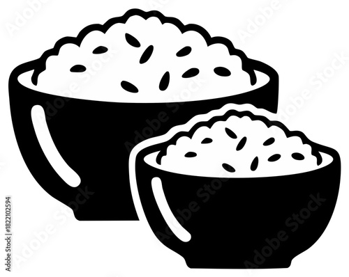 Illustration of two bowls filled with cooked rice, black and white.