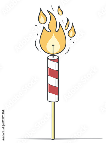 Burning striped birthday candle with flickering flames on a stick, festive celebration element