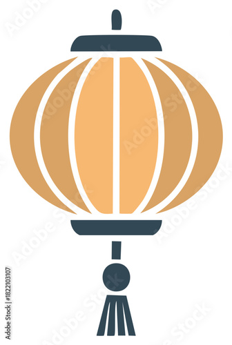 Stylized illustration of a traditional orange and dark blue Asian lantern with a tassel