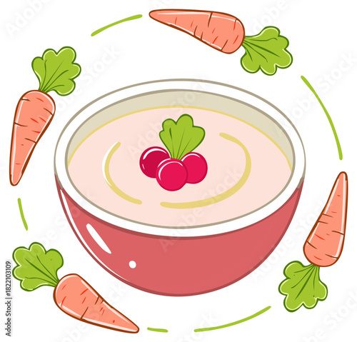 Cute cartoon bowl of creamy vegetable soup with carrots and radish garnish for healthy eating