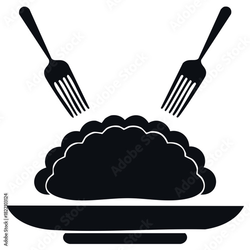 Silhouette of pierogi on a plate with forks ready to eat