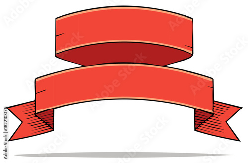 Classic red double scroll ribbon banner design element with distressed edges