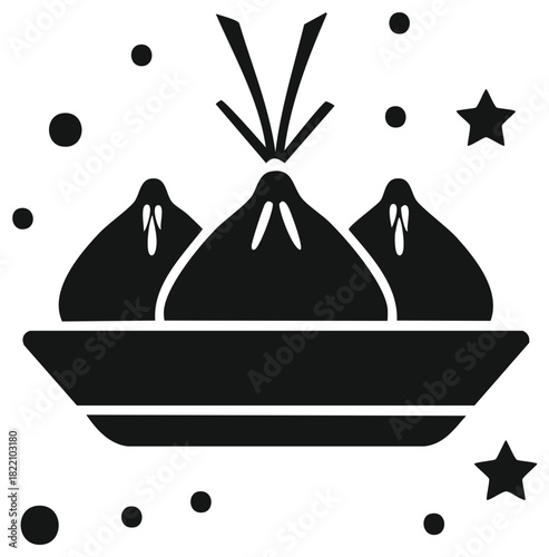 Stylized Asian Steamed Dumplings on a Serving Plate with Decorative Stars and Dots