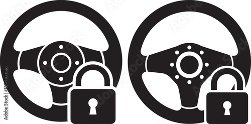 Two steering wheels with padlocks indicating security and control silhouette