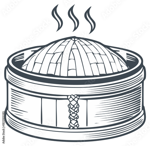 Traditional Asian dim sum in a hot bamboo steamer basket vector line art illustration