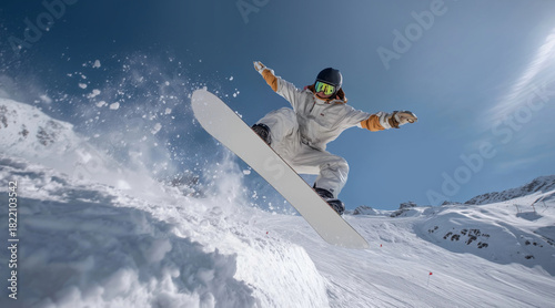 Snowboarder doing trick with white snowboard on snow, ai generated