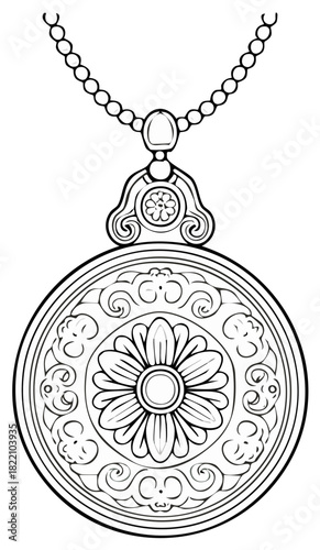 Detailed ornamental floral pendant necklace with intricate design black white illustration