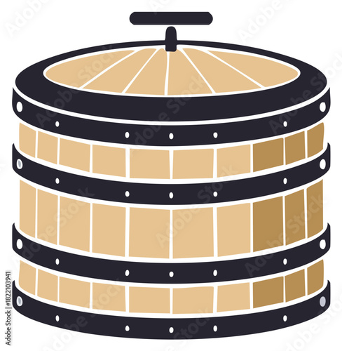 Vintage wooden wine press for crushing grapes and fruit flat vector illustration