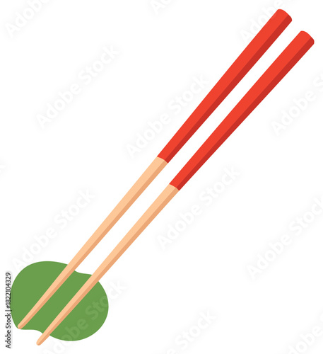 Red and wooden chopsticks with green holder. Traditional Asian utensil for dining or eating. Vector illustration.