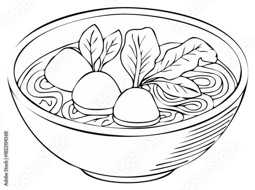 Asian Noodles with Meatballs and Greens in Bowl, Line Art Illustration