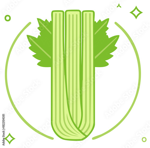 Stylized illustration of fresh green celery vegetable, organic healthy food concept.