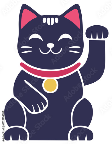 Stylized Dark Blue Cat Beckoning with Raised Paw, Charm for Good Fortune