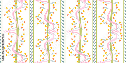 Cute striped floral seamless border pattern with hand drawn small yellow flowers, leaves and pink ribbons . Vector illustration 