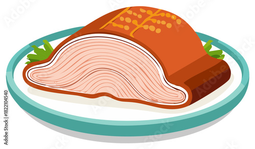 Illustration of a cooked meat roast presented on a decorative platter with fresh greens