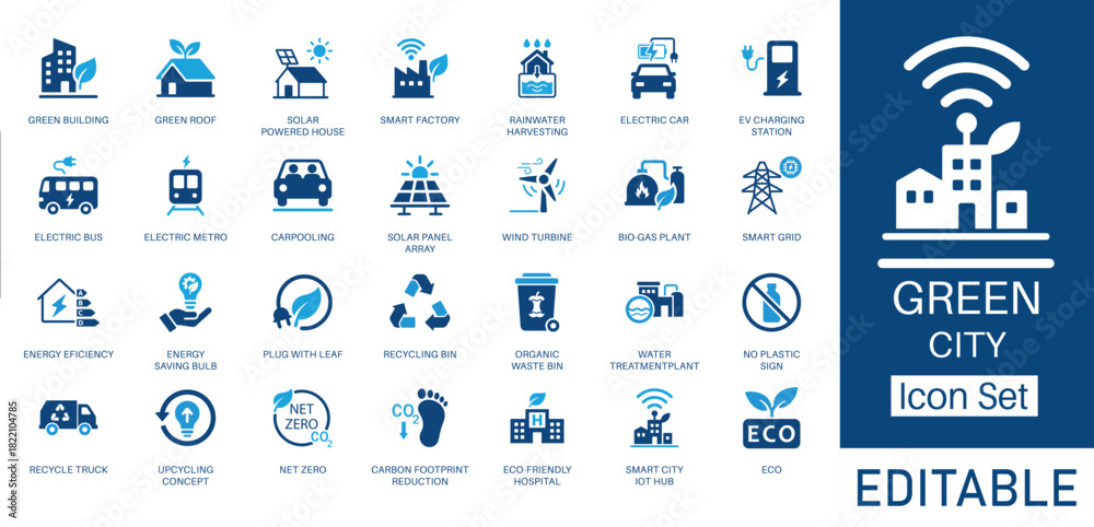 Naklejka premium Green City and Sustainable Living solid icon set. Contains symbols for Electric Car, Solar Panel, Net Zero, and Recycling. Flat vector design for environmental awareness and smart city projects.