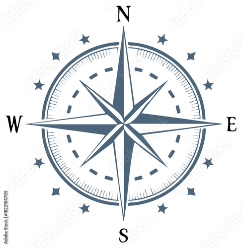 Marine compass rose with directional pointers and star embellishments