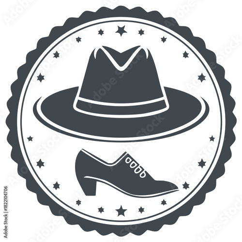 Vintage style emblem features a fedora hat and high heel shoe silhouette with stars around a circular scalloped border.